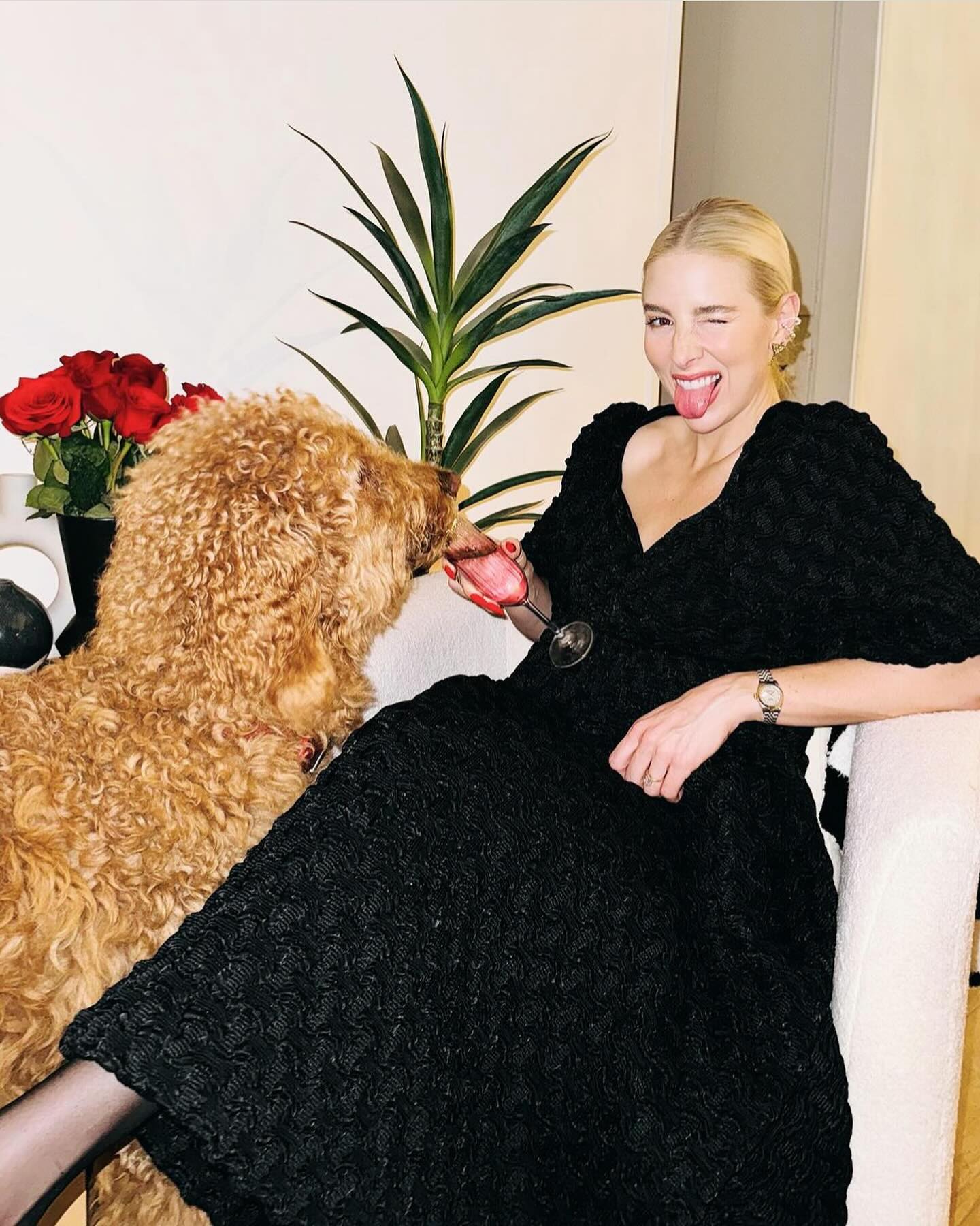 @kendalldeefisher wearing Charlene dress posing with her adorable dog 🩷